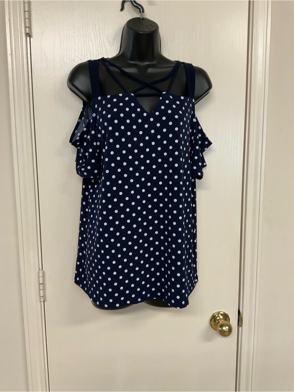 Diana Belle Polka Dot Cold-Shoulder Strappy V-Neck Cami in Navy